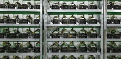 Expansive cryptocurrency mining farm with rows of mining machines